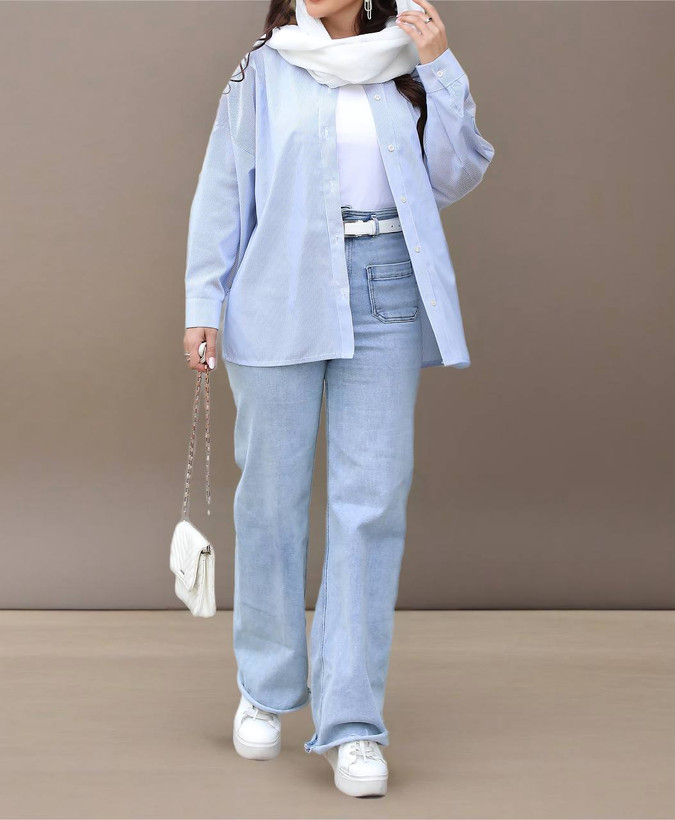 مانتو پیراهنی پشت چاک آبی راه راه