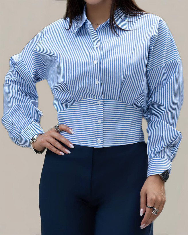 شومیز جلو دکمه کوتاه راه راه آبی