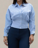 شومیز کوتاه جلو دکمه راه راه آبی