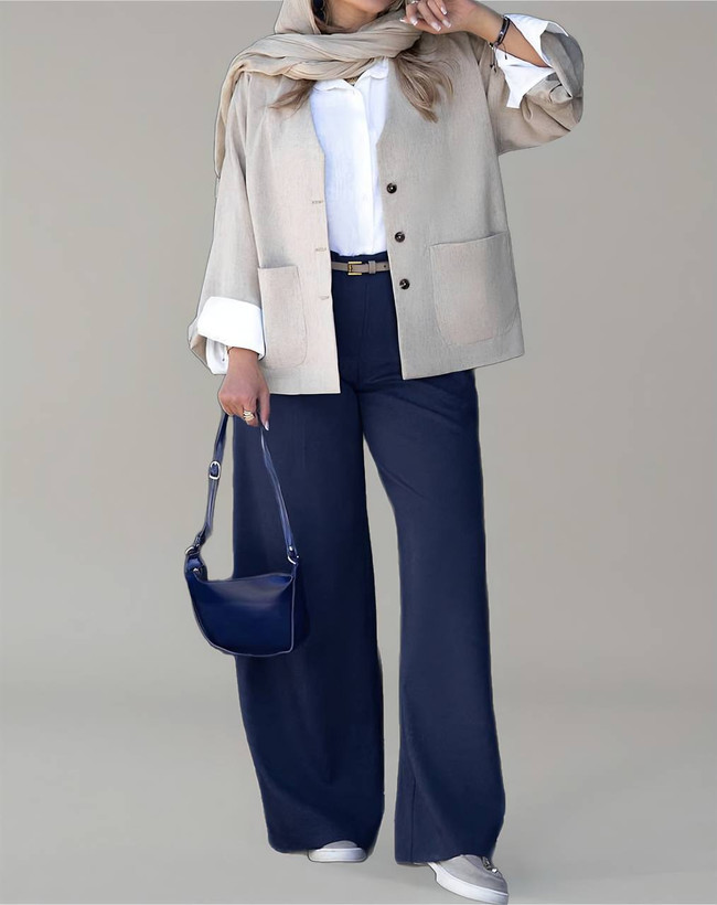 ست کت شلوار رنگ متضاد ( کرم ، سرمه ای)