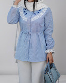 شومیز مانتویی آبی راه راه گلدوزی و تور دوزی